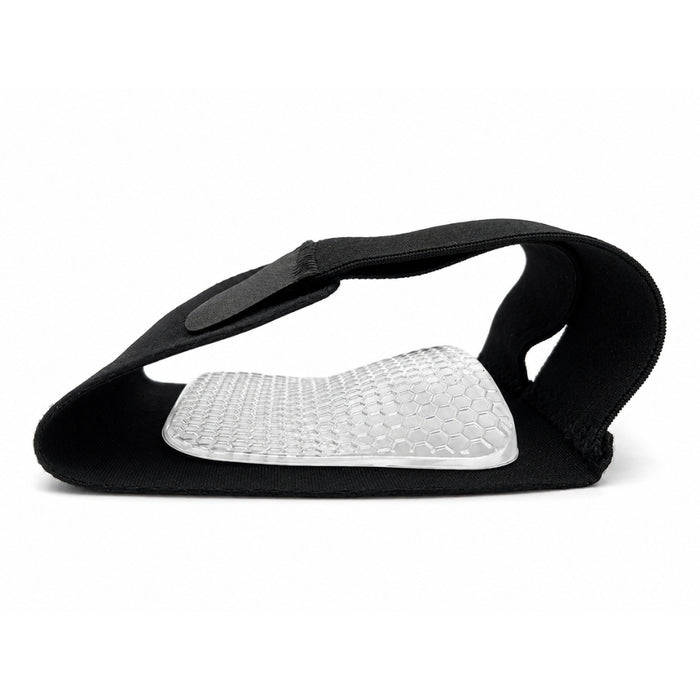 A black neoprene arch support shoe insert with a textured white silicone pad on the sole, shown against a plain white background.