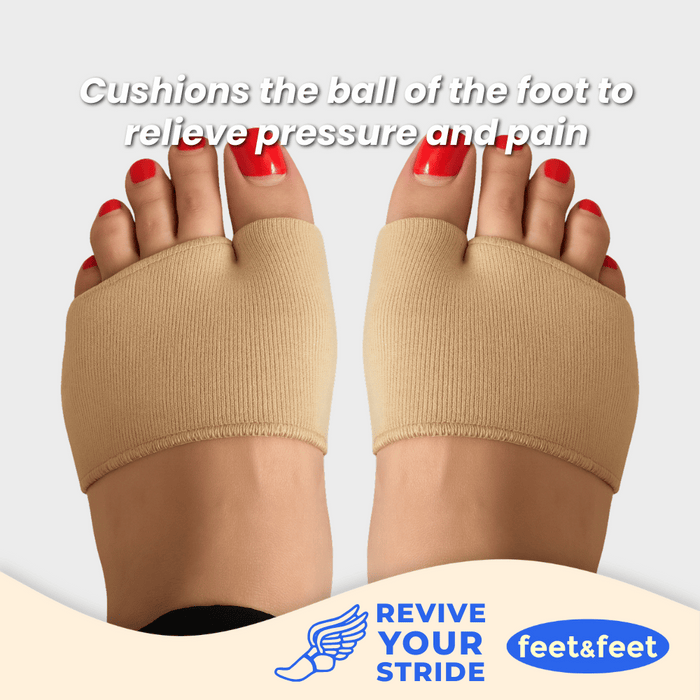 Beige metatarsal pads on feet with text about relieving pressure and pain