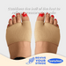 Beige metatarsal pads on feet with text about relieving pressure and pain