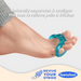 Teal toe separator being used on a foot with text about pain relief, featuring 'feet&feet' branding.